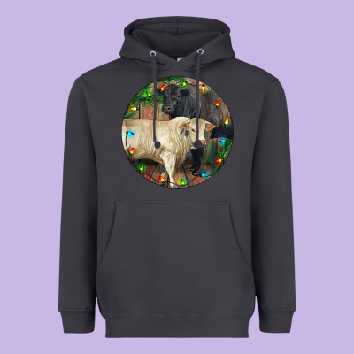 Christmas Charolais Bull And Black Angus Bull Heavyweight Hoodie Designed By Ranaportraitstore