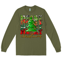 Army Green Merry Christmas Tree Long Sleeve Tee - CowhideDigitalArt