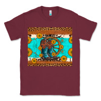 Burgundy cowboy boots and sunflowers turquoise leopard background Classic Tee - Artiststas