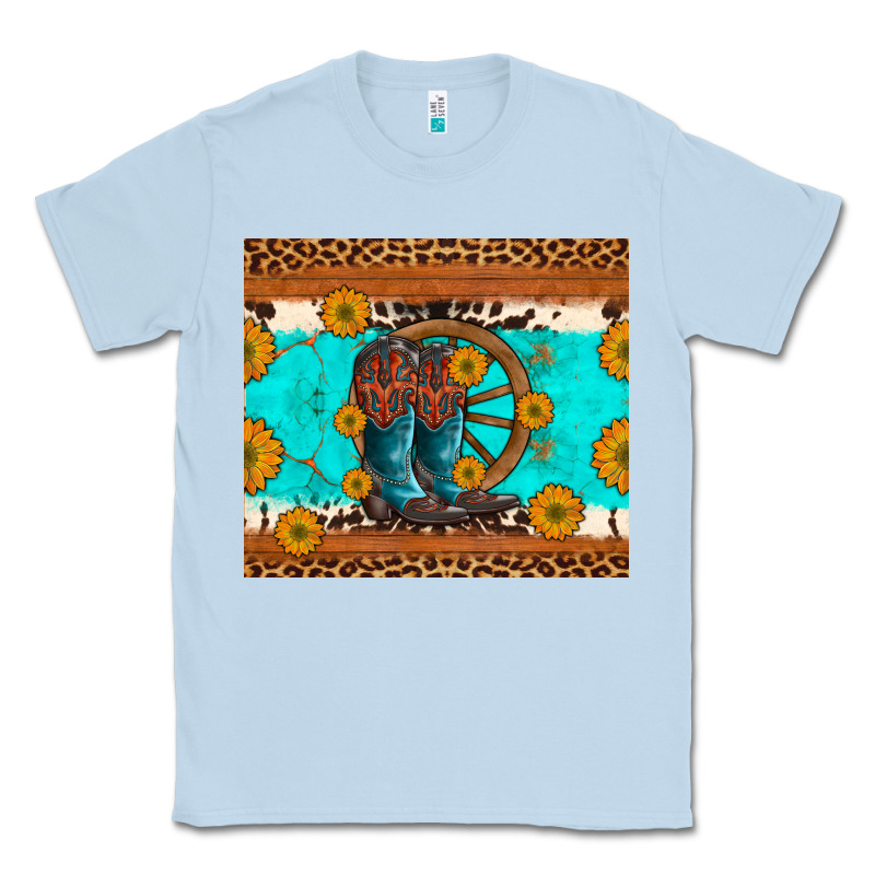 Cowboy Boots And Sunflowers Turquoise Leopard Background Classic Tee by Artiststas | Teevron