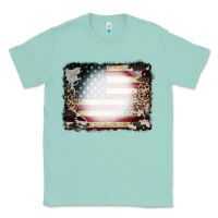 Seafoam American Flag Cowhide Leopard Bleach Effect Classic Tee - CowCowDesign