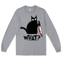 Heather Grey Halloween Cat With Knife What Long Sleeve Tee - linhVisuals