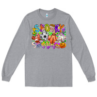 Heather Grey Spooky Vibes Ghost Long Sleeve Tee - CowhideDigitalArt