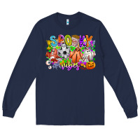 Navy Spooky Vibes Ghost Long Sleeve Tee - CowhideDigitalArt