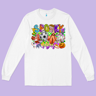 Spooky Vibes Ghost Long Sleeve Tee Designed By Cowhidedigitalart