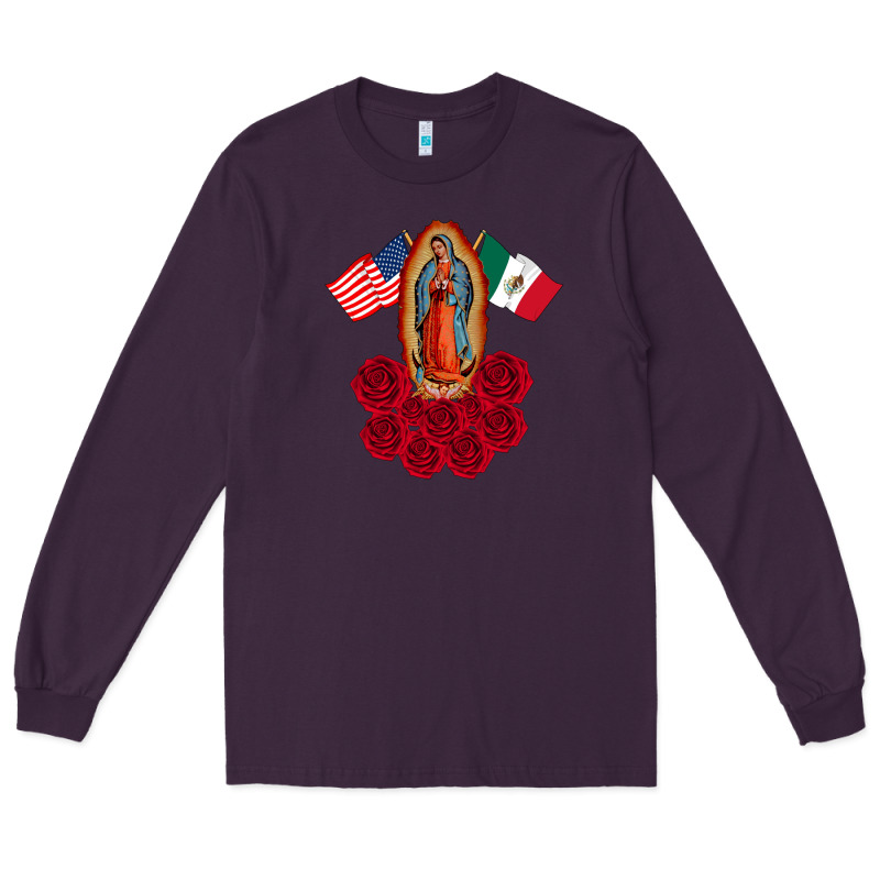Our Lady Virgen De Guadalupe Mexican American Flag Holiday Long Sleeve Tee by linhVisuals | Teevron