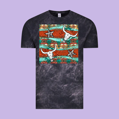 Western Aztec Bull Skull Stars Seamless Pattern Vintage Tee Designed By Bundleandbundleshop