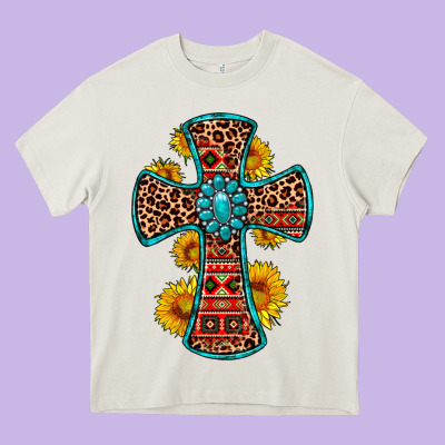 Gemstone Sunflower Leopard Cross Heavy Core Tee Designed By Oliviacreatesart