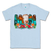 Dusty Blue Cow Mom Turquoise Tooled Leather Flowers Classic Tee - CowCowDesign