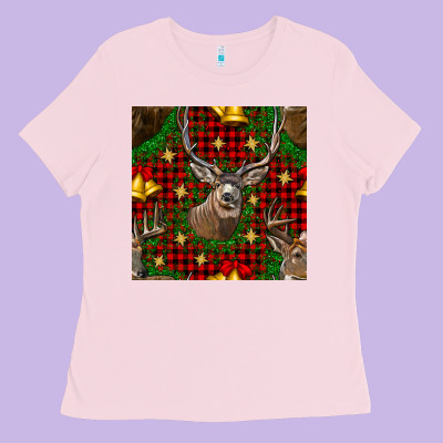 Christmas Deer And Bell Seamless Pattern Ladies Tee Designed By Bundleandbundleshop