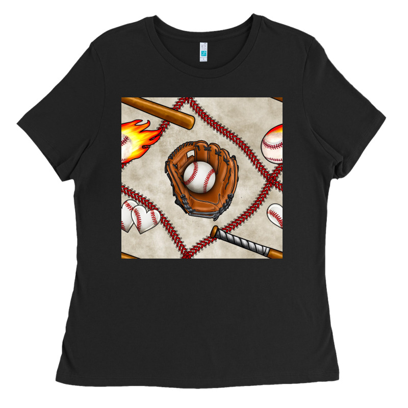 Baseball Glove And Bat Seamless Pattern Ladies Tee by BundleAndBundleShop | Teevron