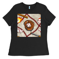 Black baseball glove and bat seamless pattern Ladies Tee - BundleAndBundleShop