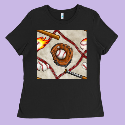 Baseball Glove And Bat Seamless Pattern Ladies Tee Designed By Bundleandbundleshop