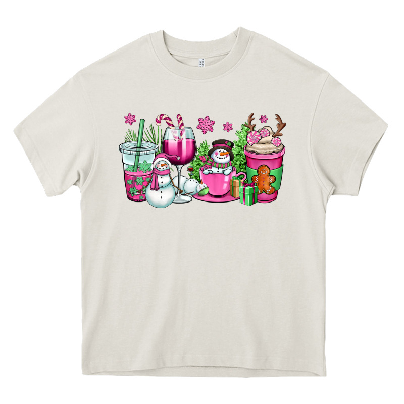Pink Christmas Snowman Coffee Cups Heavy Core Tee by OliviaCreatesArt | Teevron