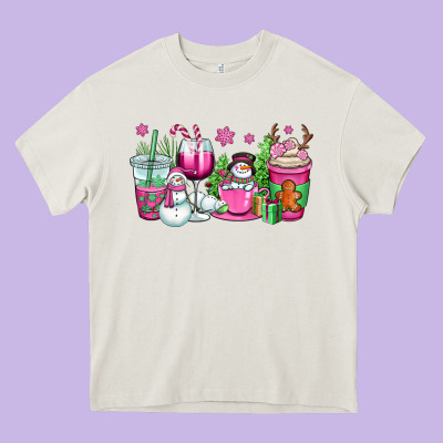 Pink Christmas Snowman Coffee Cups Heavy Core Tee Designed By Oliviacreatesart