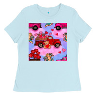 Baby Blue valentines day truck and cupid in the sky seamless pattern Ladies Tee - BundleAndBundleShop