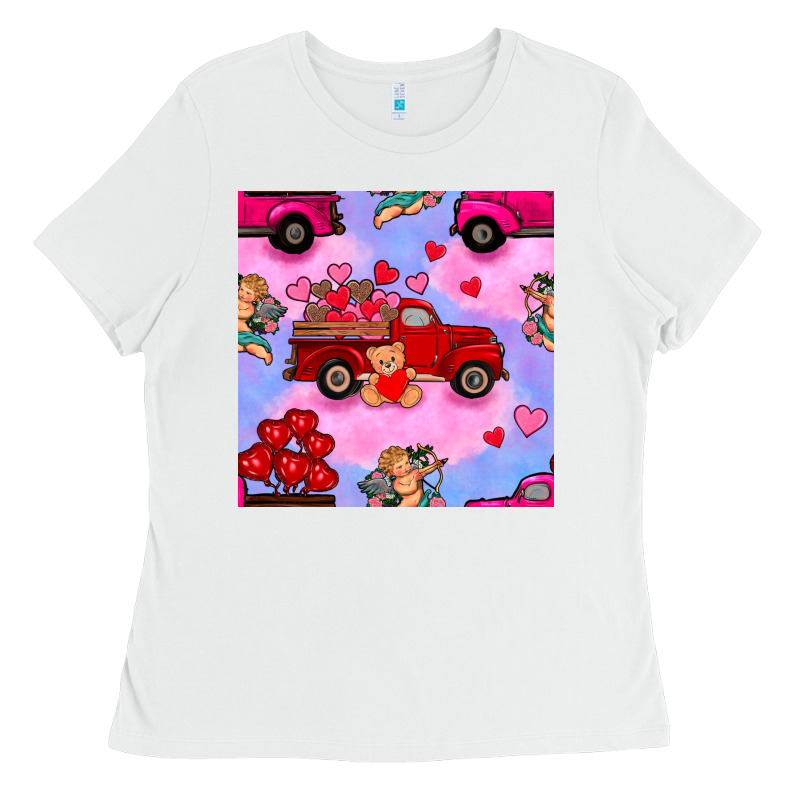 Valentines Day Truck And Cupid In The Sky Seamless Pattern Ladies Tee by BundleAndBundleShop | Teevron