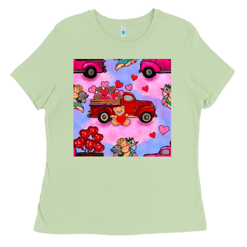 Valentines Day Truck And Cupid In The Sky Seamless Pattern Ladies Tee by BundleAndBundleShop | Teevron
