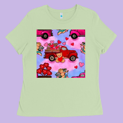 Valentines Day Truck And Cupid In The Sky Seamless Pattern Ladies Tee Designed By Bundleandbundleshop