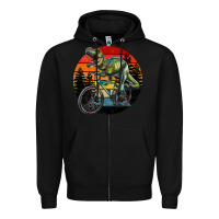 Black t rex dinosaur riding bicycle with retro forest sunset Zipper Hoodie - RanaPortraitStore