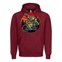 Burgundy t rex dinosaur riding bicycle with retro forest sunset Zipper Hoodie - RanaPortraitStore