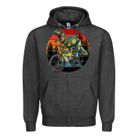 Charcoal Heather t rex dinosaur riding bicycle with retro forest sunset Zipper Hoodie - RanaPortraitStore