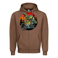 Chestnut t rex dinosaur riding bicycle with retro forest sunset Zipper Hoodie - RanaPortraitStore