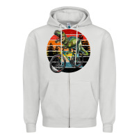T Rex Dinosaur Riding Bicycle With Retro Forest Sunset Zipper Hoodie | Teevron