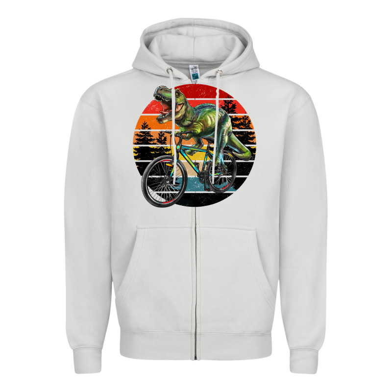 T Rex Dinosaur Riding Bicycle With Retro Forest Sunset Zipper Hoodie by RanaPortraitStore | Teevron