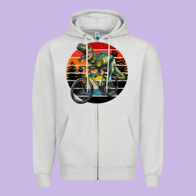 T Rex Dinosaur Riding Bicycle With Retro Forest Sunset Zipper Hoodie Designed By Ranaportraitstore
