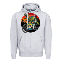 Heather Grey t rex dinosaur riding bicycle with retro forest sunset Zipper Hoodie - RanaPortraitStore