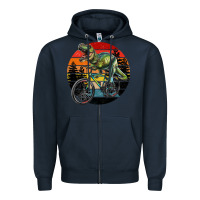 Navy t rex dinosaur riding bicycle with retro forest sunset Zipper Hoodie - RanaPortraitStore