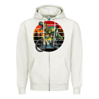 Oatmeal Heather t rex dinosaur riding bicycle with retro forest sunset Zipper Hoodie - RanaPortraitStore