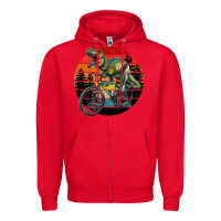 Red t rex dinosaur riding bicycle with retro forest sunset Zipper Hoodie - RanaPortraitStore