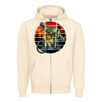 Sandshell t rex dinosaur riding bicycle with retro forest sunset Zipper Hoodie - RanaPortraitStore