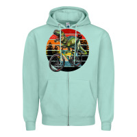 Seafoam t rex dinosaur riding bicycle with retro forest sunset Zipper Hoodie - RanaPortraitStore