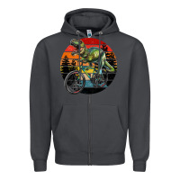 Smoke t rex dinosaur riding bicycle with retro forest sunset Zipper Hoodie - RanaPortraitStore