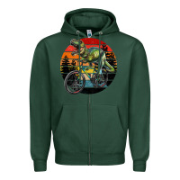 Sports Green t rex dinosaur riding bicycle with retro forest sunset Zipper Hoodie - RanaPortraitStore
