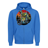 True Royal t rex dinosaur riding bicycle with retro forest sunset Zipper Hoodie - RanaPortraitStore