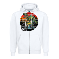 White t rex dinosaur riding bicycle with retro forest sunset Zipper Hoodie - RanaPortraitStore