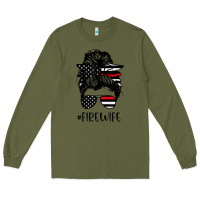 Army Green fire wife messy bun firefighter wife thin red line husband Long Sleeve Tee - linhVisuals