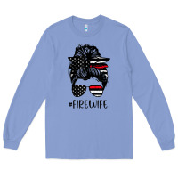 Colony Blue fire wife messy bun firefighter wife thin red line husband Long Sleeve Tee - linhVisuals