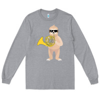 Heather Grey funny sloth wearing sunglasses playing french horn Long Sleeve Tee - linhVisuals