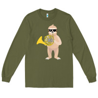 Army Green funny sloth wearing sunglasses playing french horn Long Sleeve Tee - linhVisuals