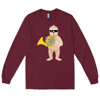 Burgundy funny sloth wearing sunglasses playing french horn Long Sleeve Tee - linhVisuals