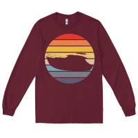 Burgundy boat t  shirt boat trip silhouette on a distressed retro sunset produc Long Sleeve Tee - linhVisuals