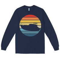Navy boat t  shirt boat trip silhouette on a distressed retro sunset produc Long Sleeve Tee - linhVisuals