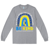 Heather Grey be kind down syndrome awareness blue ribbon rainbow march 21 t shirt Long Sleeve Tee - linhVisuals
