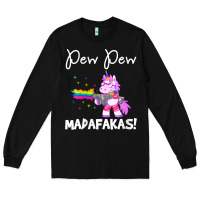 Black womens pew madafakas funny fantasy unicorn with rainbow gun   white v Long Sleeve Tee - linhVisuals