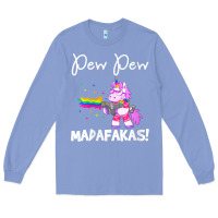 Colony Blue womens pew madafakas funny fantasy unicorn with rainbow gun   white v Long Sleeve Tee - linhVisuals